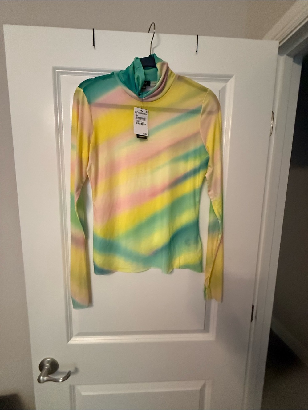 AFRM Pastel Yellow Green Pink Tie-Dye Long Sleeve Mock Neck Top